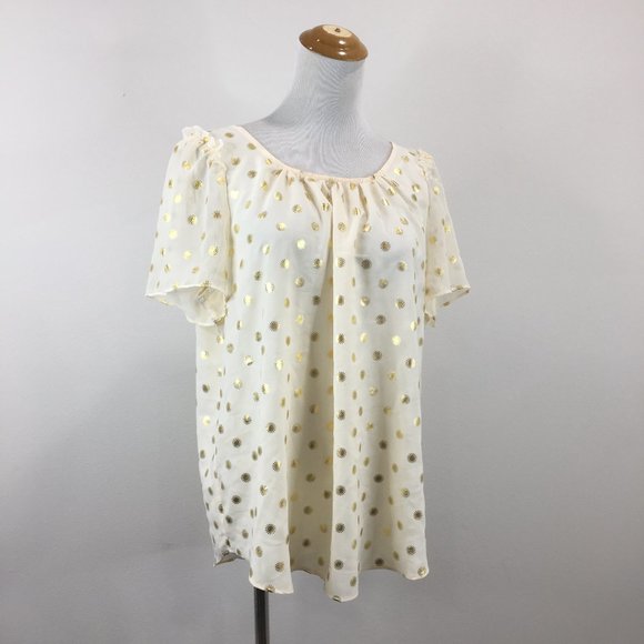 NWT LC LAUREN CONRAD Beige Gold Print Tie Back Collar Short Sleeve Shirt - Picture 1 of 11